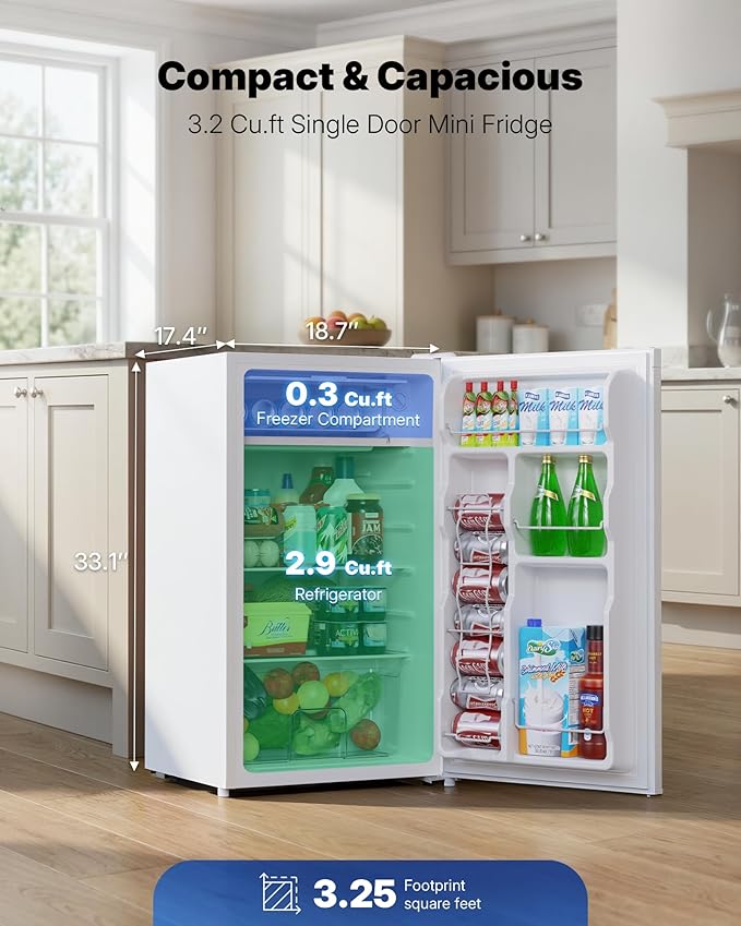 Upstreman 3.2 Cu.Ft Mini Fridge with Freezer, Single Door Mini Fridge, Dorm Fridge, Adjustable Thermostat, Mini Refrigerator for Dorm, Office, Bedroom, White-BR321