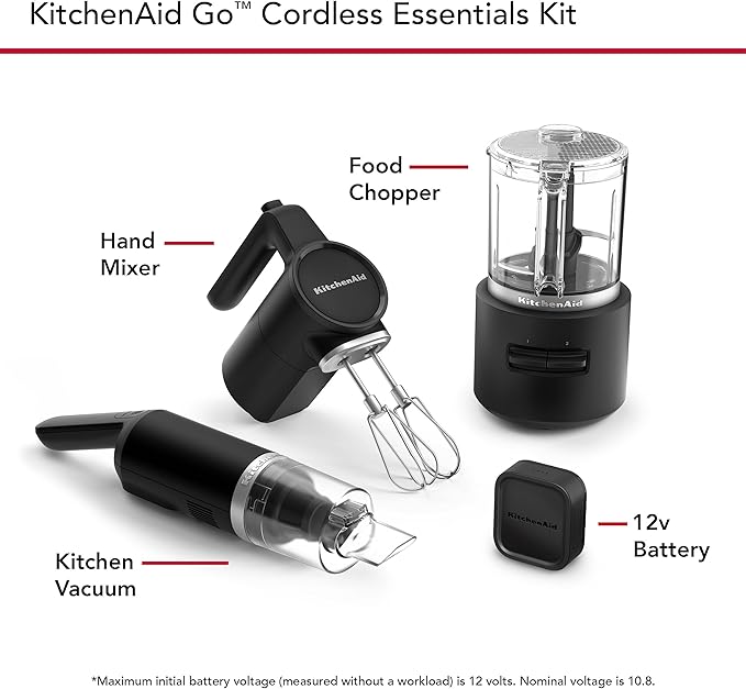 KitchenAid Go™ Cordless Bundle with Hand Mixer, Food Chopper and Kitchen Vacuum - battery included, KBUR131, Black Matte