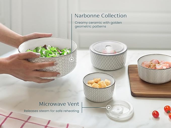 KooK Serving Bowls, with Lids, Ceramic Nesting Bowls, Set of 4, Embossed, Kitchen, Prep, Stackable, Gift, Microwave and Dishwasher Safe, 10/16/29/47 oz, Narbonne Collection (Ivory)