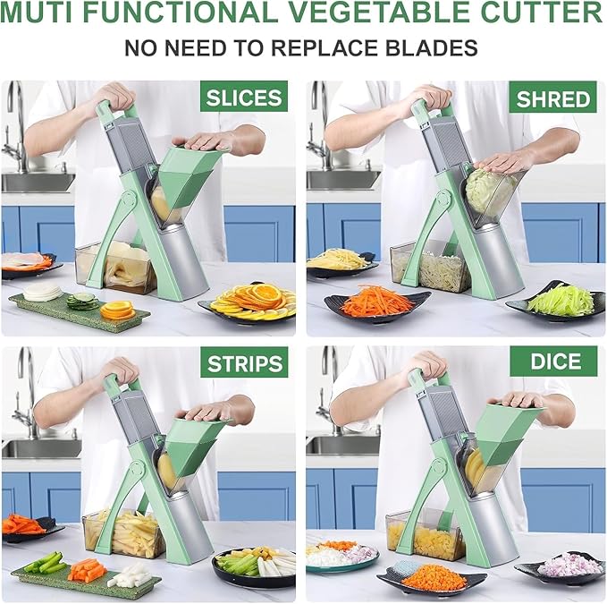 New Upgrade Safe Mandoline Slicer Plus, Biger Size, Adjustable Vegetable Food Chopper Potato Fries Cutter, Detachable Blade, Kitchen Chopping Artifact with Container. Green