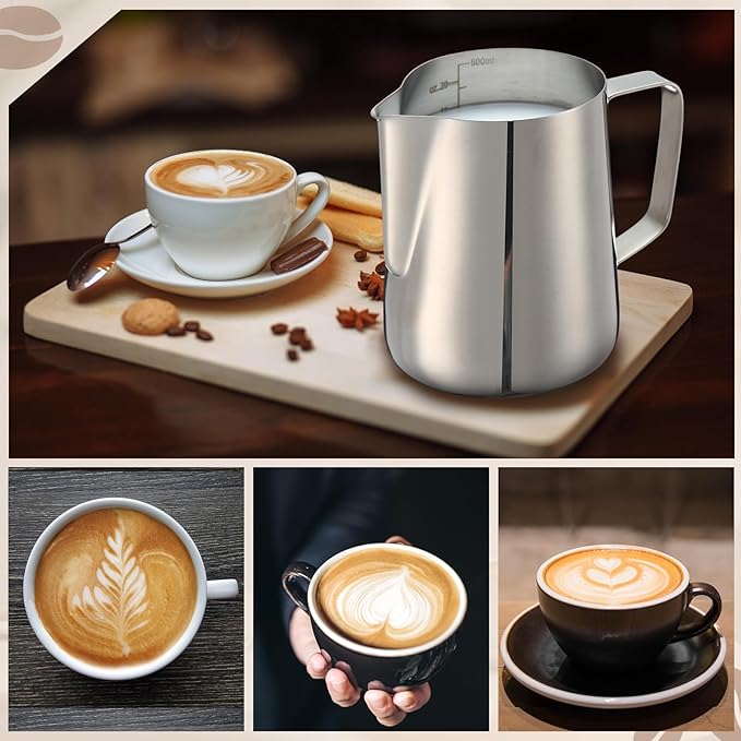 Honeydak 4 Pcs Milk Frothing Pitcher 304 Stainless Steel Steaming Pitchers for Coffee Bar Cappuccino Barista Tools Milk Jug Steamer Frother Cup (20 oz)