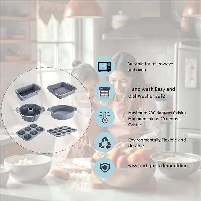 Nonstick Silicone Bakeware Set, 6 set Baking Cake Pan, Economical BPA Free Heat Resistant Bakeware Tools for DIY Loaf Bread Cheesecake Pizza Cupcake Muffin (Gray)