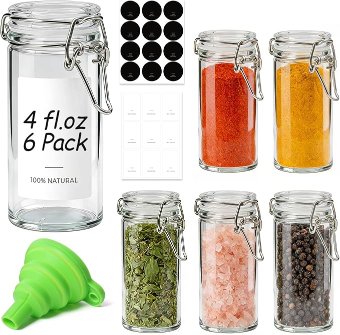 ComSaf 4 oz Glass Spice Jars with Airtight Clamp Lids, 6 Pack Small Swing Top Glass Containers for Herb Storage, Pantry Organization, Party Favors & DIY Gifts - Includes Funnel & Labels