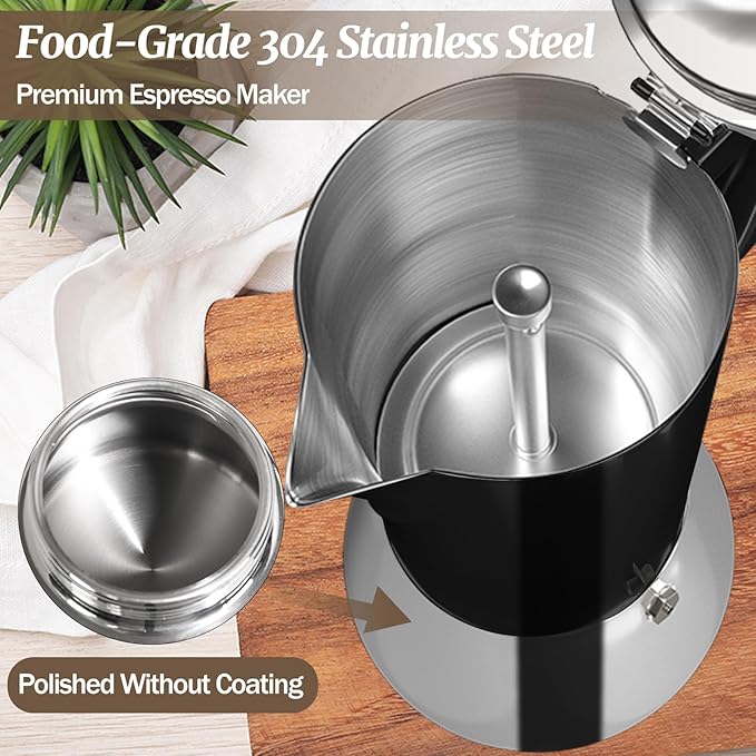 6 Cup Thickened Moka Pot 304 Stainless Steel 300ml Italian Espresso Coffee Maker Stovetop CoffeeMakers Mocha Pot Percolator for Induction Stove Classic Cafe Makers Portable for Easy Brewing