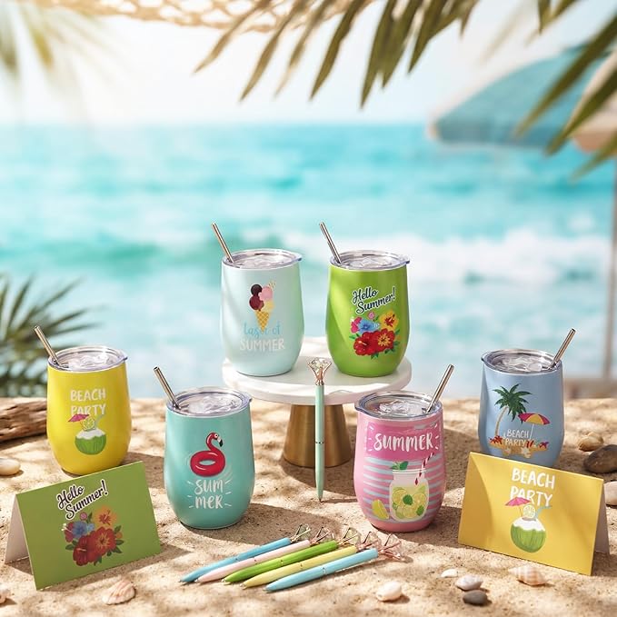 Patelai 36 Pcs Summer Theme Gift Set for Men Women 12oz Stainless Steel Coffee Mug Colorful Cups with Lid and Straw Pens Card Bags Set for College Graduates Party Supplies