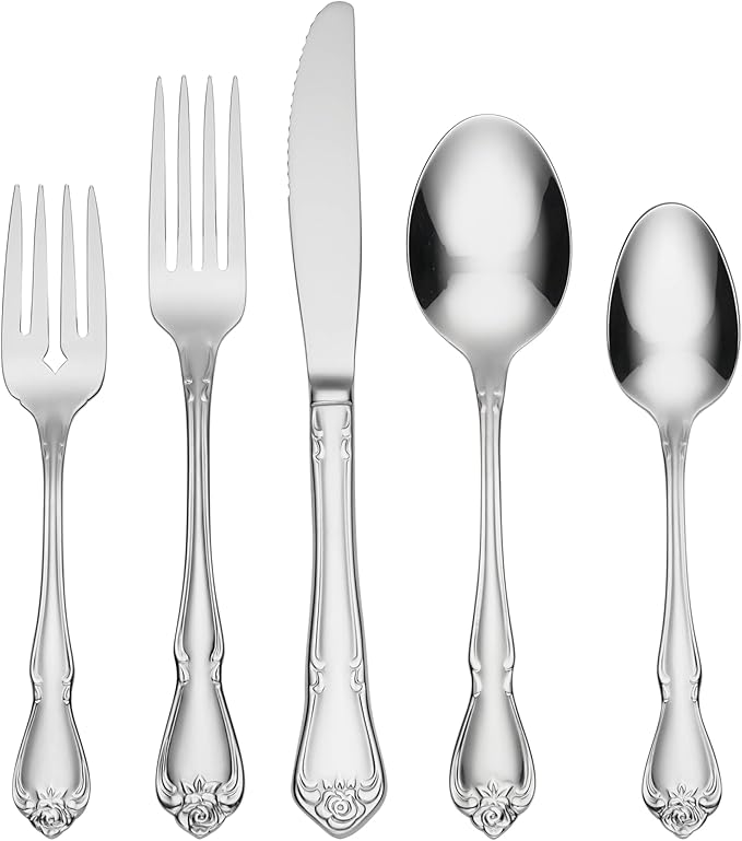 Oneida Silverware Set, True Rose 20-Piece Everyday Flatware Set, Service For 4, 18/0 Stainless Steel, Dishwasher Safe, Knife Spoons And Forks Set, Home And Kitchen Utensils (Silver, 20 Piece)