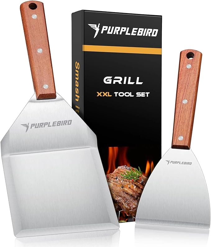 PURPLEBIRD Extra Large Grill Spatula Set Stainless Steel Smash Burger Spatula Kit, 5.5 x 5 inch BBQ Griddle Spatula and Grill Scraper, Griddle Tools, Grill Utensils for Dad