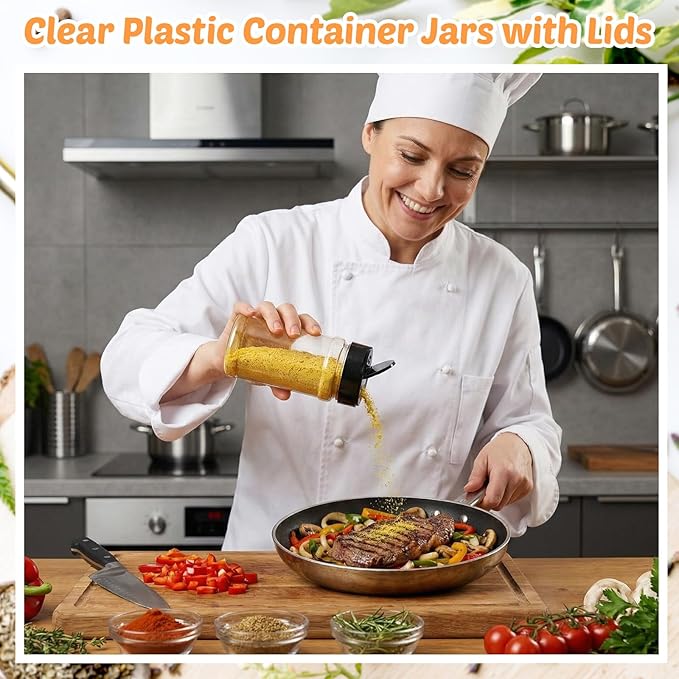 Jadive 24 Pcs Plastic Spice Jars with Shaker Lids Clear Spice Bottles Plastic Seasoning Containers Empty Shaker for Kitchen Storing Herbs Seasoning Powders Pepper Dry Goods (12 oz,Black)