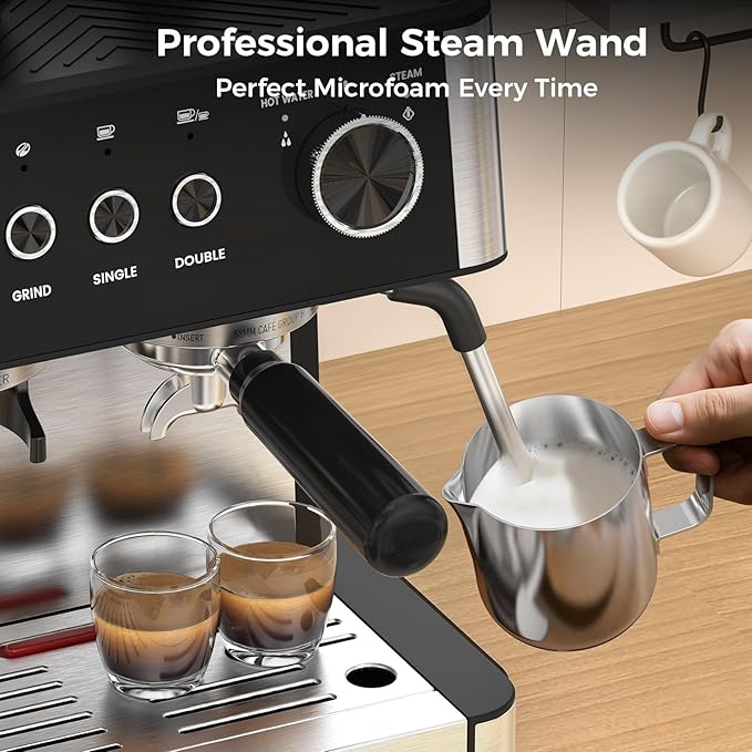 COWSAR 20 Bar Espresso Machine with Grinder & Milk Frother Steam Wand, 58mm Expresso Coffee machines, Commercial Stainless Steel Coffee Maker for Cappuccino and Latte, Perfect for Home Café-Black