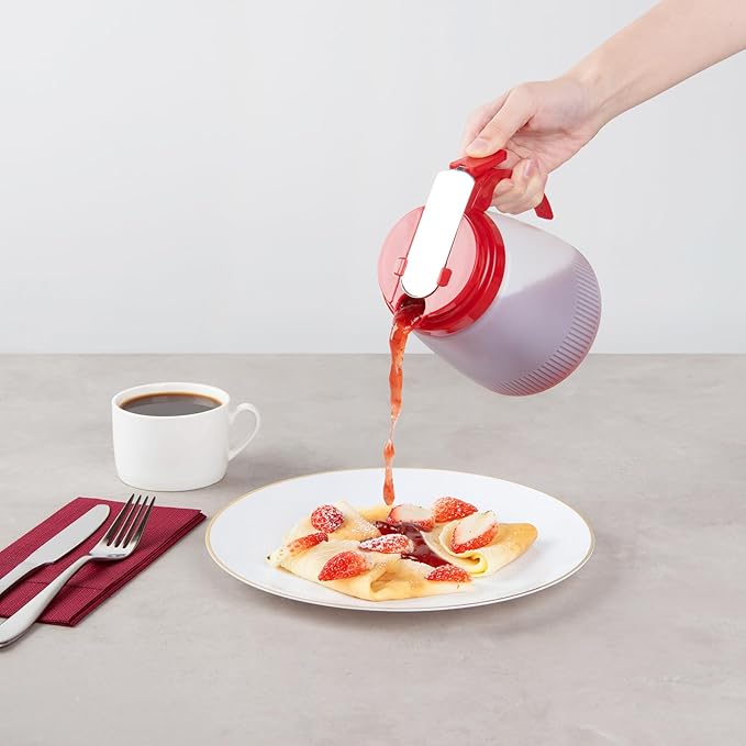 Restaurantware-Chef 101 32 Ounce All Purpose Syrup Dispenser, 1 Honey Dispenser - Red Top, Stainless Steel Slide Cover, Plastic Pancake Syrup Bottle, Perfect For Diners, Restaurants, Home