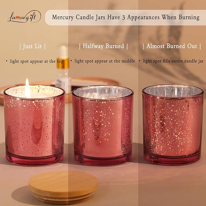 LAMORGIFT 15 Pack Empty Candle Jars With Lids (8oz, Rose Gold) - Making Containers Include 20 Pcs Labels - Mercury Glass Jars