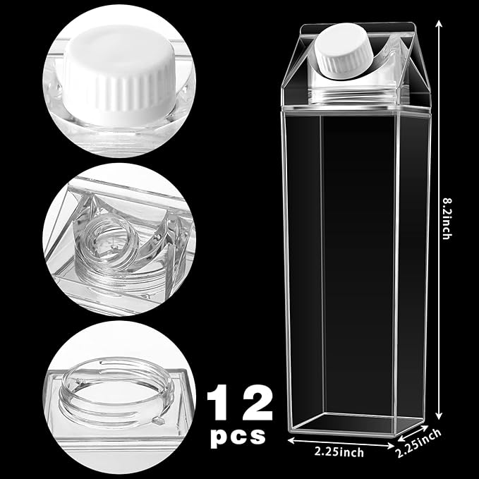 Cunhill 12 Pcs 17 oz Milk Carton Water Bottles Plastic Clear Milk Bottles Portable Reusable Leakproof Carton Water Container Juice Tea Jug for Travelling Sports Camping Outdoor Activities