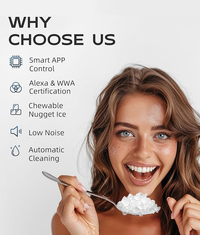 ecozy Nugget Ice Maker Countertop, Smart Portable Crushed Ice Maker with Voice Control, Pellet Chewable Ice 33lbs/24H, Self-Cleaning, with APP WiFi, Timer Function and Status Alerts, Bonus TDS Meter