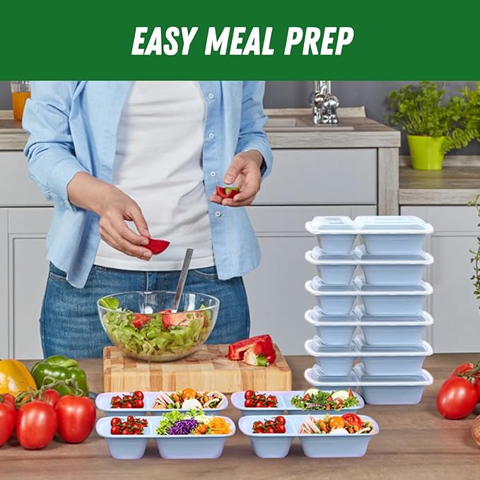 Dealusy 50 Pack (100-Piece) 28 oz Meal Prep Containers Reusable with Lids 2-Compartment, Sturdy Leakproof Food Safe, Microwave Freezer Dishwasher Safe, To Go Take Out Plastic Food Storage, Blue