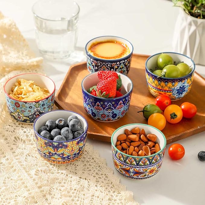 Glowworm Ramekins Oven Safe, 4 Oz Ceramic Creme Brulee Ramekins Set of 6, Souffle Dishes Pudding Custard Cups for Baking, Oven & Dishwasher Safe, Bohemian