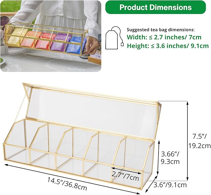 NCYP Glass Tea Bags Organizer with 5 Grids Compartments, Indoor Counter Top Brass Display Case with Lid, Storage Box, Gold, Decor, Teabag Storage, 14.5 x 3.6 x 3.66 Inches (Glass Box Only)