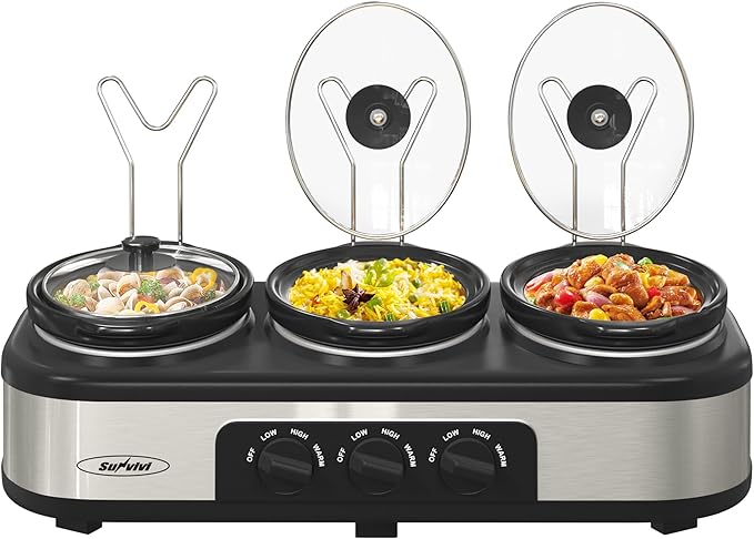 Sunvivi Triple Slow Cooker, Buffet Server & Warmer with 3 Removable Ceramic Pots, 3 Adjustable Temp Settings & 3 Metal Lid Rests, Stainless Steel, 3 * 1.5 Quarts Silver