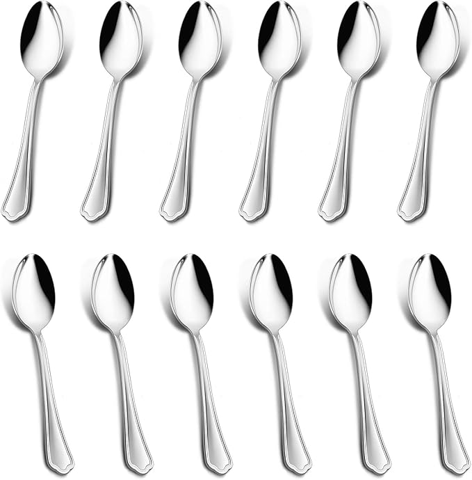 Teaspoon Set of 12, E-far 6.7 Inch Stainless Steel Spoons for Kitchen or Restaurant, Non-toxic & Mirror Polished, Scalloped Edge & Dishwasher Safe