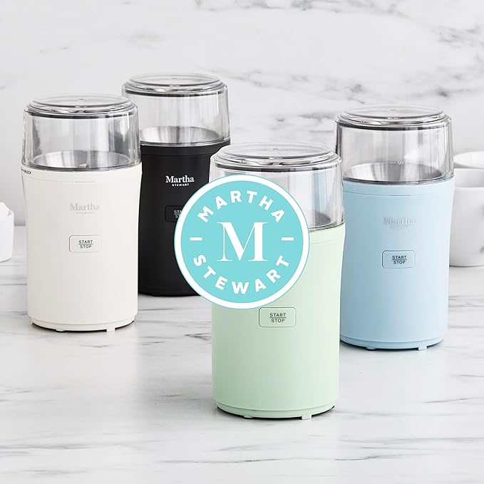 Martha Stewart Electric Coffee & Spice Grinder, Dual 2.5oz Removable Bowls, Storage Lids, Stainless Steel Blades, One Touch Pulse Control, 2-in-1 Compact, Beans & Spices, Herbs & Nuts, Caviar Gray
