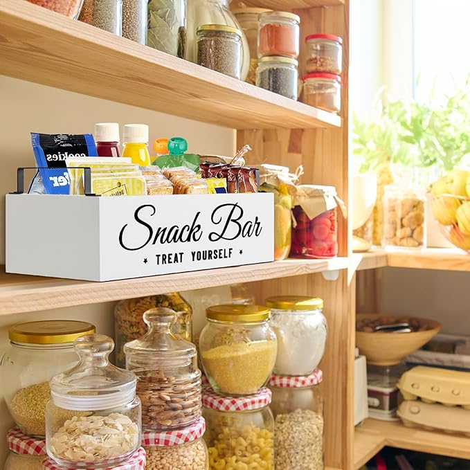 Snack Organizer for Countertop, Wood Pantry Storage Bins with Handles, Snack Bar Organizer for Pantry Shelf, Kitchen, 4 Compartment Food Container Snack Box, Pantry Organizer for Snacks, Chips