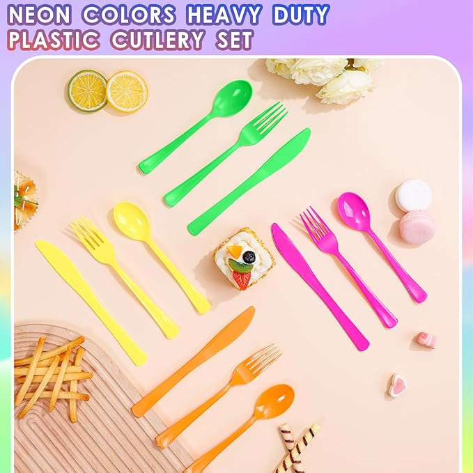 300 Pack Neon Party Disposable Plastic Silverware Heavy Duty, Plastic Cutlery Set, Forks and Spoons Knives Set for Birthday Party Prom Night, Weddings（Orange,Green, Hot Pink, Yellow Colors）