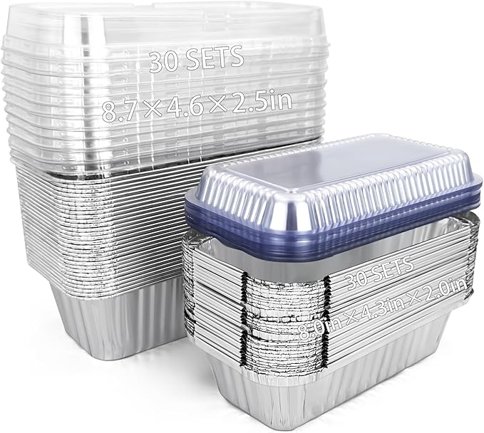 60 Pack Disposable Foil Loaf Pans with Lids Combo Set,30 Pack 8.7x4.6x2.5 Aluminum Loaf Pans & 30 Pack 8x4.3x2 Aluminum Bread Pan For Baking Cakes Bread Meat.