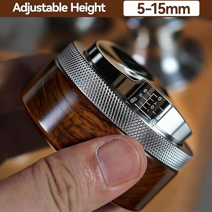 53mm Espresso Accessories, Espresso Distribution Tool, Adjustable Height 5-15mm, Walnut Wood & 304 Stainless Steel, Compatible with 54mm Breville Espresso Machines