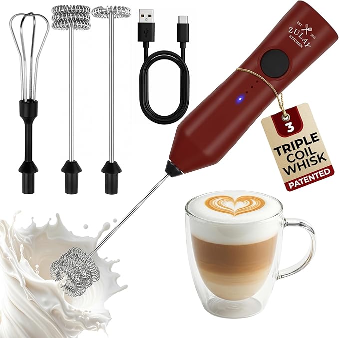 Zulay Kitchen Rechargeable Milk Frother - Dynamic - 3 Speeds, 3 Whisk Attachments, 500 mAh USB Charging, Drink Mixer For Latte, Cappuccino, Matcha, Protein Powder, Coffee Foam - Red Black