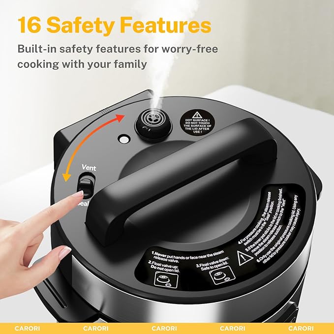 CARORI 9-in-1 Electric Pressure Cooker, 1000W Instant Multi-Cooker with IMD Touchscreen, Olla de Presion, Non-Stick Pot, Rice Cook, Slow Cook, Steamer, Sauté, Warmer, Safe Venting, Silver 8 Qt