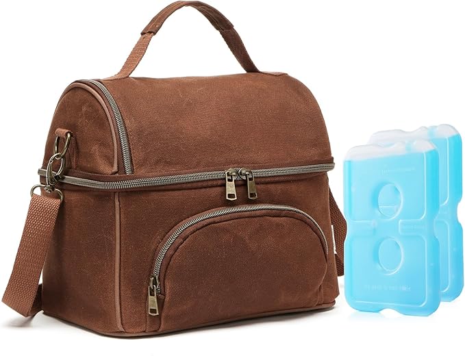 Lunch Box with Ice Packs, Waxed Canvas Lunch Bag for Men, 10.5L Leakproof Insulated Lunch Cooler for Men Work, Dual Compartment Soft Cooler for Work, Camping, Beach & Road Trips