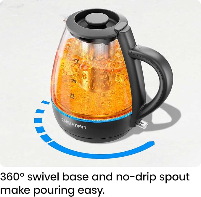 Chefman Electric Kettle with Tea Infuser, Compact 1L (4 Cups), 1500W, Removable Lid for Easy Cleaning, Boil-Dry Protection, Stainless Steel Filter, BPA Free, Auto Shut Off, Small Electric Tea Kettle
