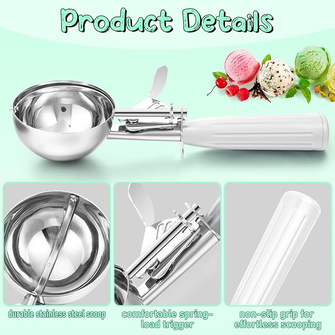Reallnaive 4 Pcs Release Cookie Scoops Ice Cream Scooper with Trigger Release Portion Scoop Stainless Steel for Portion Control, Baking Food, Cookie Dough (5.3 oz,White)