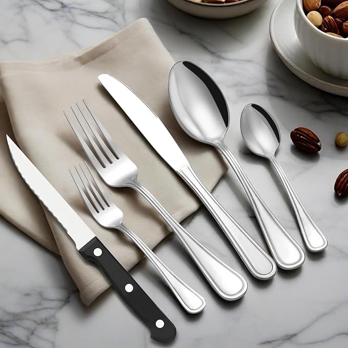 Hunycook 48-Piece Silverware Set - Silverware Set for 8, Stainless Steel Flatware Set with Forks, Knives & Spoons, Mirror Polished Cutlery Set, Dishwasher Safe