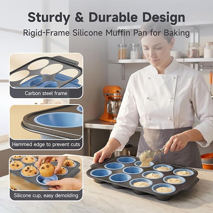 Boyun Silicone Muffin Pan for Baking,No-Spill Easy-Transfer Design,Reinforced Steel Frame, Non-Stick & Dishwasher Safe,12-Cup Regular Size Muffin & Cupcake Pan Bakeware for Oven (Blue 2pcs)