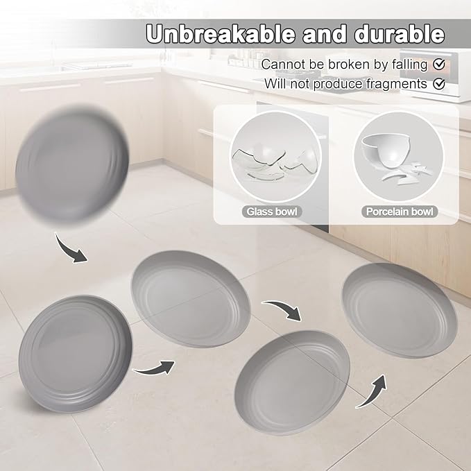 12 Pcs Unbreakable Deep Dessert Plates Set, 8 inch Reusable Plastic Wheat Straw Plates, Microwave and Dishwasher Safe Plate for Kitchen, Lightweight Plate for Dessert, BPA Free, Gray