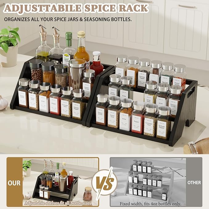 Bamboo Spice Rack Organizer -3-Tier Spice Rack for Countertop,Cabinet Spice Rack Organizer for 18 Spice Jars(4oz)，Step Shelf(black)