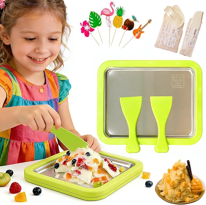 Rolled Ice Cream Maker, No Electricity DIY Homemade Rolled Ice Cream Kit, 304 Stainless Steel Instant Frozen Ice Cream Roller for Kids or Adults, Perfect for Family Nights, Parties, Playdates (Green)