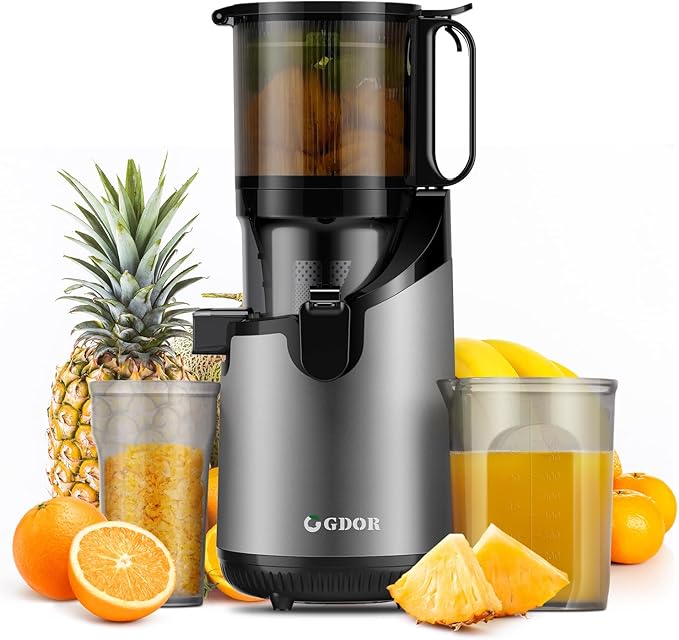 GDOR Cold Press Masticating Juicer Machines, Self Feeding Slow Pure Juicer, 5.3" Extra Feed Chute Fit Whole Vegetable and Fruit, Grey