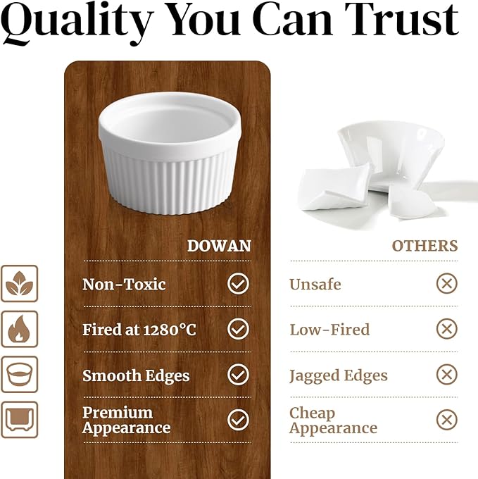 DOWAN Ramekins 6 oz Oven Safe for Creme Brulee Souffle, Porcelain Ramekin for Baking, Classic Style Small Bowls Souffle Dishes Custard Cups for Dipping Sauce, Set of 6, Soft White