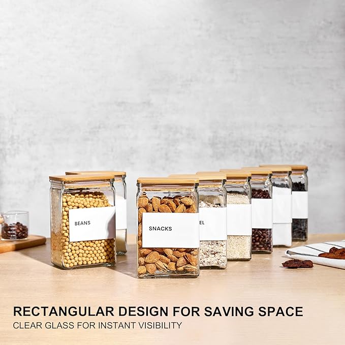 Glass Storage Jars with Bamboo Lids, 27oz Square Food Storage Containers for Kitchen Pantry Organization, Storage Canisters with Labels for Cereal Flour Beans Tea, Large Spice jars Seasoning Bottles