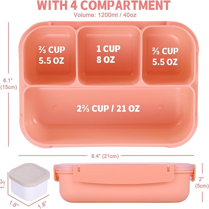 Bento Box Adult Lunch Box, Lunch Containers for Kids Girls Boys with 4 Compartments, Lunchable Food Container with Utensils, Sauce Jar, Muffin Liners, 40 Oz/5 Cup, Microwave & Dishwasher Safe, Pink