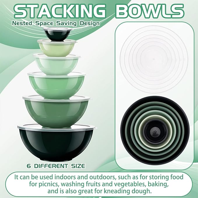 LemonRoad 6 Pcs Plastic Mixing Bowl Set with Lids Colorful Serving Bowl Nesting Storage Bowls for Kitchen, Baking, Prepping, Cooking and Serving Food, Dishwasher & Microwave Safe(Green)