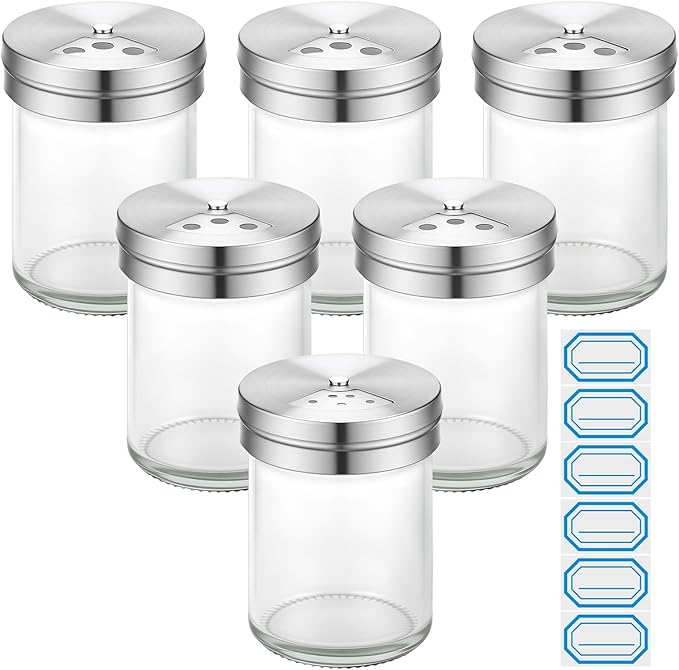 Segarty 6 Pack 1.7oz Salt Shakers Adjustable Metal Lids, 50ml Portable Glass Seasoning Container for Sugar Sesame Pepper, Kitchen Organizer Spice Bottles with 6 Stickers Storage Set for Cabinet Picnic