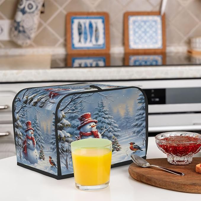 4 Slice Toaster Cover,Snowy Forest Christmas Tree Snowman Bird Small Kitchen Appliance Bread Machine Cover with Pockets,Dust & Fingerprint Protection