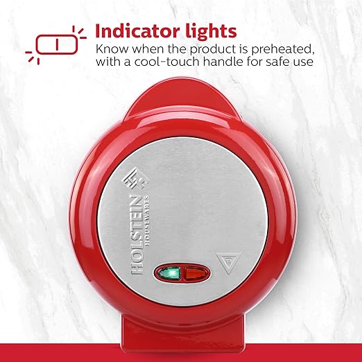 Holstein Housewares Stainless Steel 2 Section Omelet & Frittata Maker, Non Stick Coating, Easy To Clean, Indicator Lights, Compact Storage, Prepare Versatile Recipes in Minutes. 2 Portions, Red
