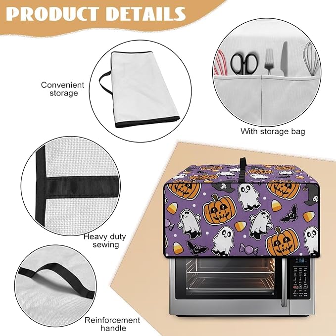 Air Fryer Toaster Oven Cover with Side Pockets, Protective Electrical Appliance Cover Kitchen Countertop Accessories, L, Ghost Pumpkin Bat Candy Violet Halloween Decor