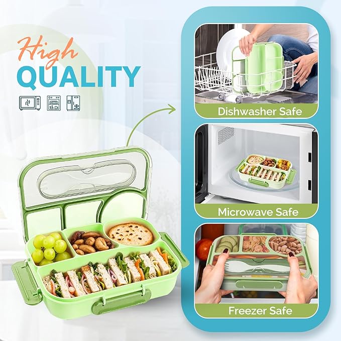 EASYFUN Bento Lunch Box Set Bento Box, 4-Compartment Lunch Containers,High Capacity Lunch Tote Bags for Work, Travel, Outdoor (Green)
