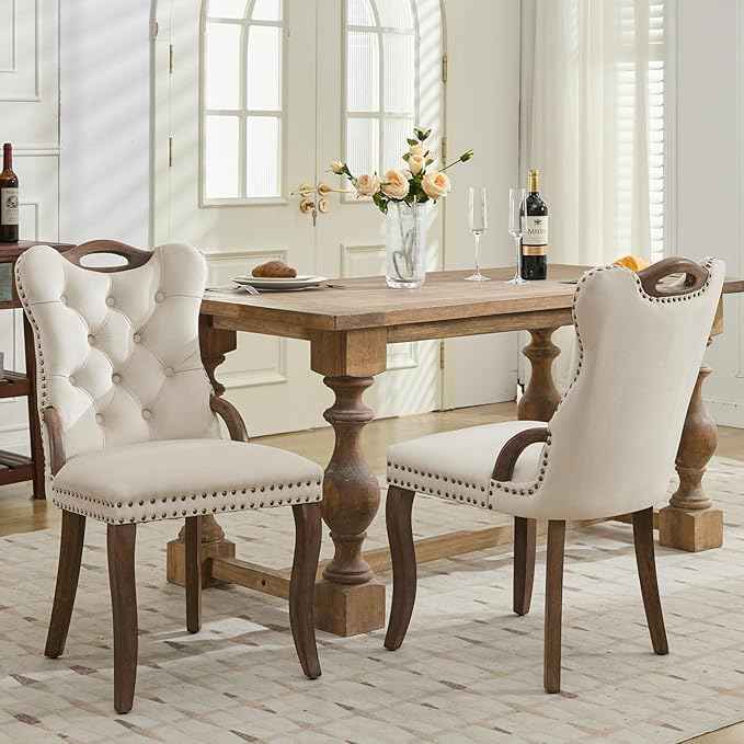 Beige Velvet Dining Chairs Set of 2，Modern Upholstered Dining Room Chairs with Tufted Back and Wood Handles, Curved Solid Wood Legs, Sillas de Comedor