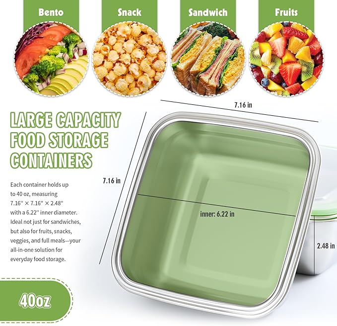 2 Pack Sandwich Containers, 40oz Stainless Steel Sandwich Box with Airtight Lids, Reusable Metal Meal Prep Lunch Boxes, BPA-Free, Dishwasher Safe, Large Capacity Food Storage Containers (Black)