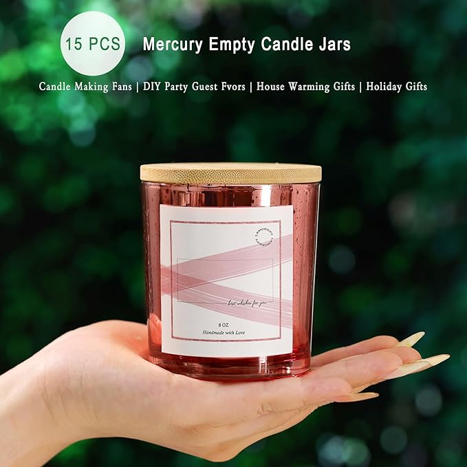 LAMORGIFT 15 Pack Empty Candle Jars With Lids (8oz, Rose Gold) - Making Containers Include 20 Pcs Labels - Mercury Glass Jars